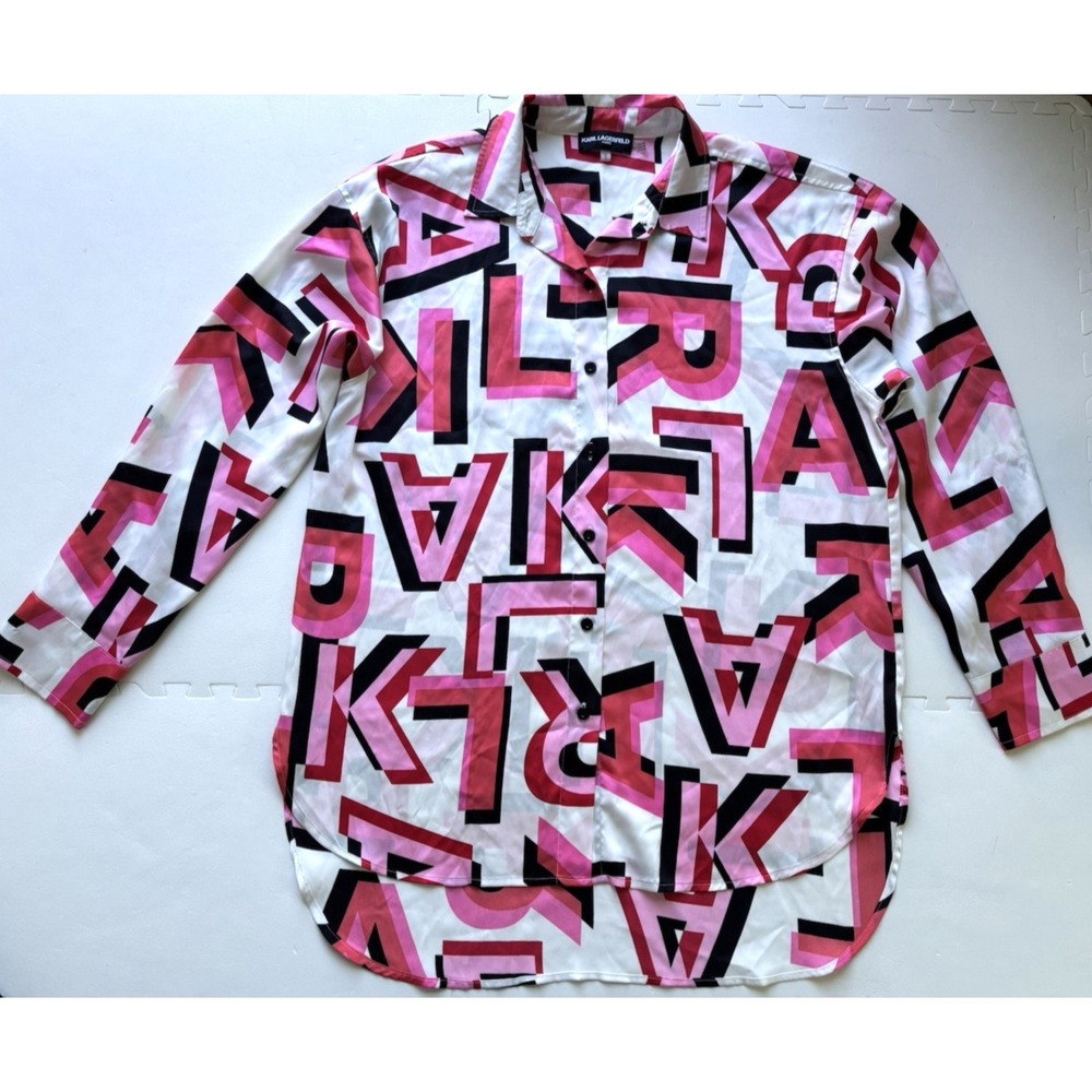 KARL LAGERFELD Paris Womens Blouse Long Sleeve Mod Geometric Artsy Retro Pop - M